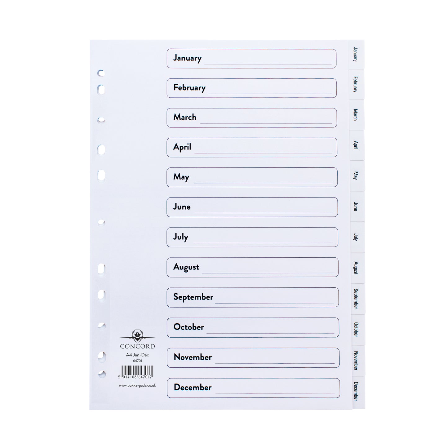 Concord Index January-December A4 Polypropylene White 64701
