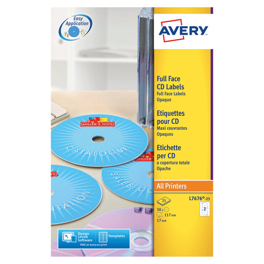 Avery Laser CD/DVD Full Face Label 2 Per Sht Wht (Pack of 50) L7676-25