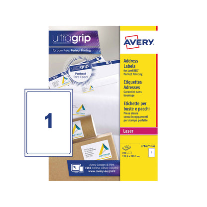 Avery Ultragrip Laser Labels 199.6x289.1mm Wht (Pack of 100) L7167-100