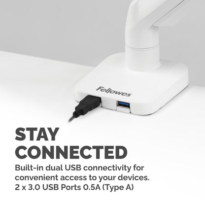 Fellowes Platinum Series Monitor Arm - Monitor Mount for 8KG 40 Inch Screens - Adjustable Monitor Desk Mount - Tilt 45° Pan 180° Swivel 360° Rotation 360°, VESA 75 x 75/100 x 100 - White