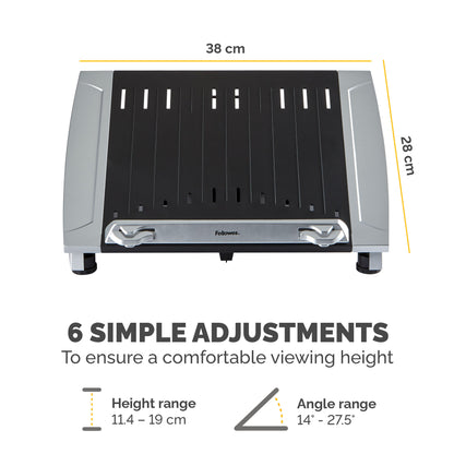 Fellowes Laptop Stand for Desk - Office Suites Plus Adjustable Laptop Stand for the Home and Office - Laptop Riser with 5 Height Adjustments - Max Monitor Size 17", Max Weight 5KG - Black/Silver