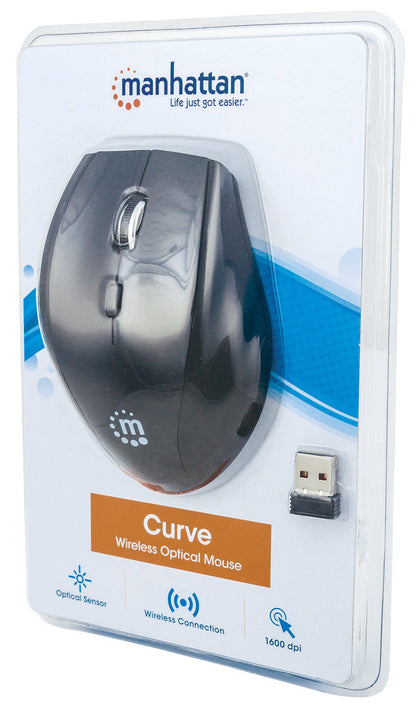 Manhattan Curve Wireless Mouse, Black, Adjustable DPI (800, 1200 or 1600dpi), 2.4Ghz (up to 10m), USB, Optical, Five Button with Scroll Wheel, USB micro receiver, 2x AAA batteries (included), Full size, Low friction base, Three Year Warranty, Blister