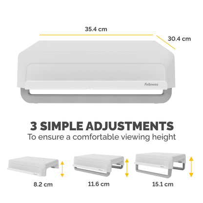 Fellowes Computer Monitor Stand with 3 Height Adjustments - Breyta Monitor Riser with Cable Management - Ergonomic Adjustable Monitor Stand for Computers - Max Weight 15KG - White