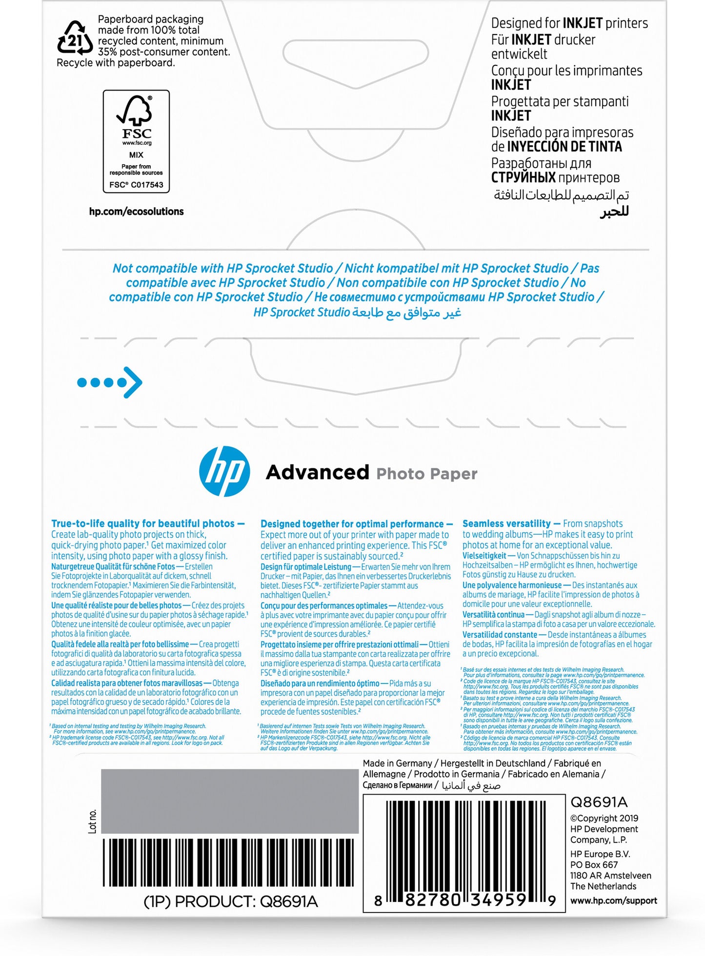 HP Advanced Photo Paper Glossy 250 g/m2 10 x 15 cm (101 x 152 mm) 25 sheets