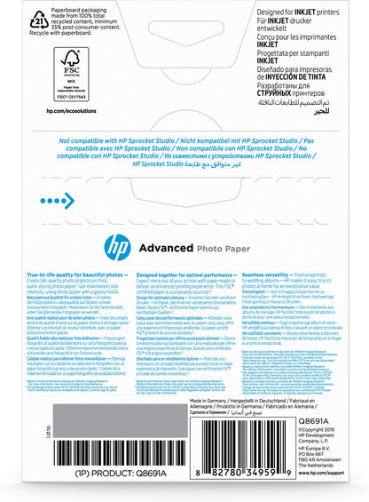 HP Advanced Photo Paper, Glossy, 250 g/m2, 10 x 15 cm (101 x 152 mm), 25 sheets