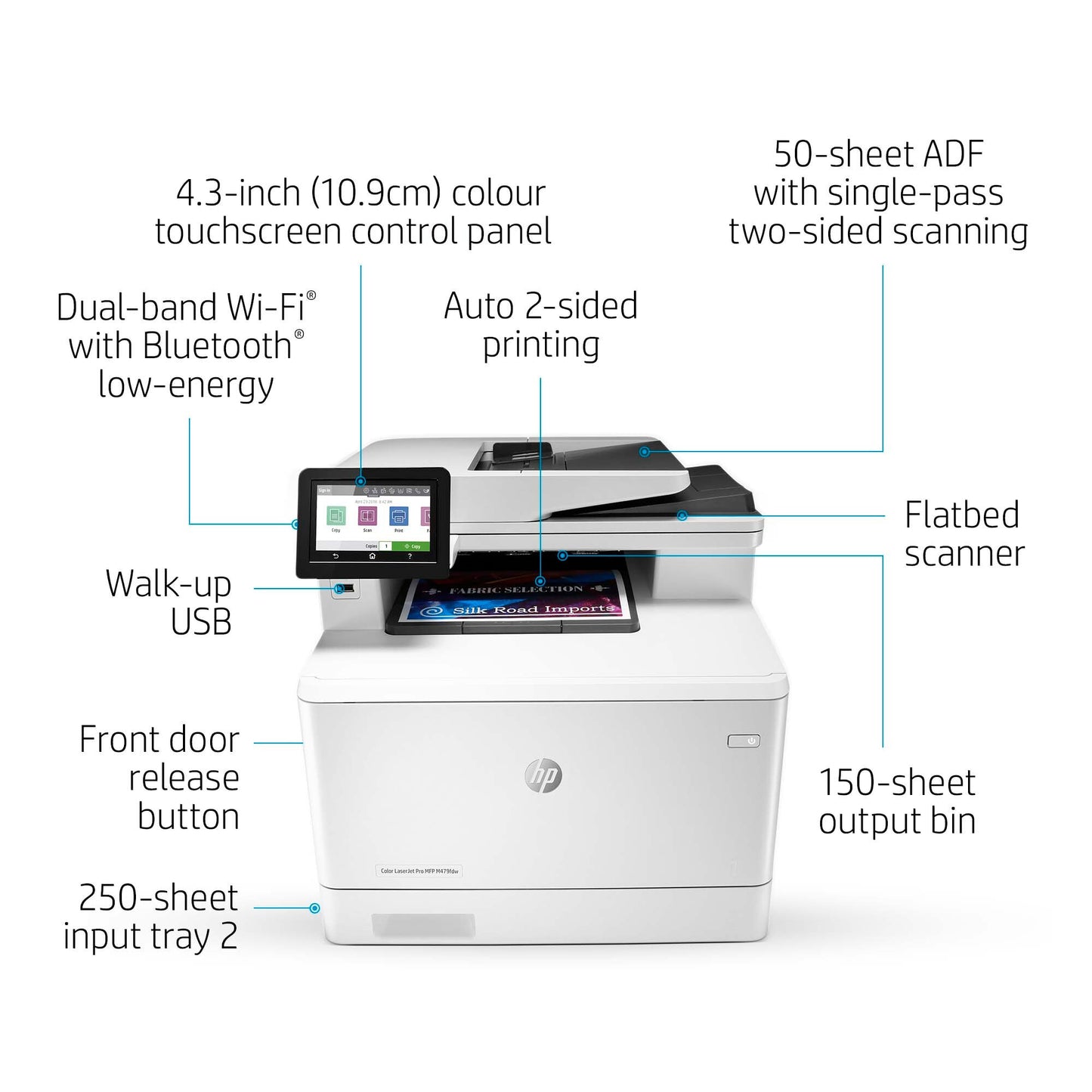 HP Color LaserJet Pro MFP M479fnw, Print, copy, scan, fax, email, Scan to email/PDF; 50-sheet uncurled ADF