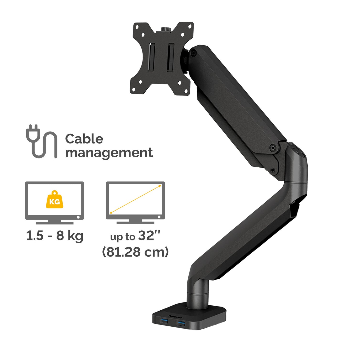 Fellowes Platinum Series Monitor Arm - Monitor Mount for 8KG 40 Inch Screens - Adjustable Monitor Desk Mount - Tilt 45° Pan 180° Swivel 360° Rotation 360°, VESA 75 x 75/100 x 100 - Black