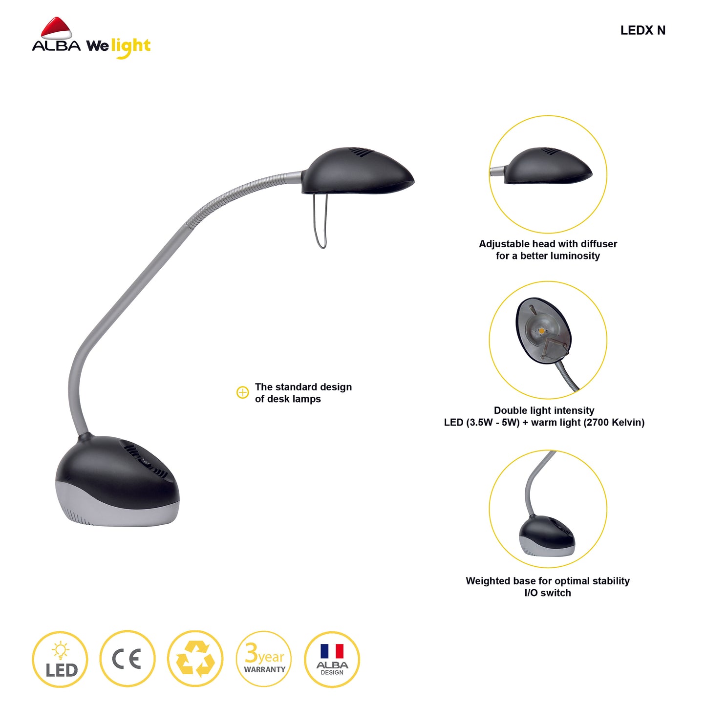 Alba Halox LED Desk Lamp 3/5.5W with UK Plug Black/Grey LEDX N UK