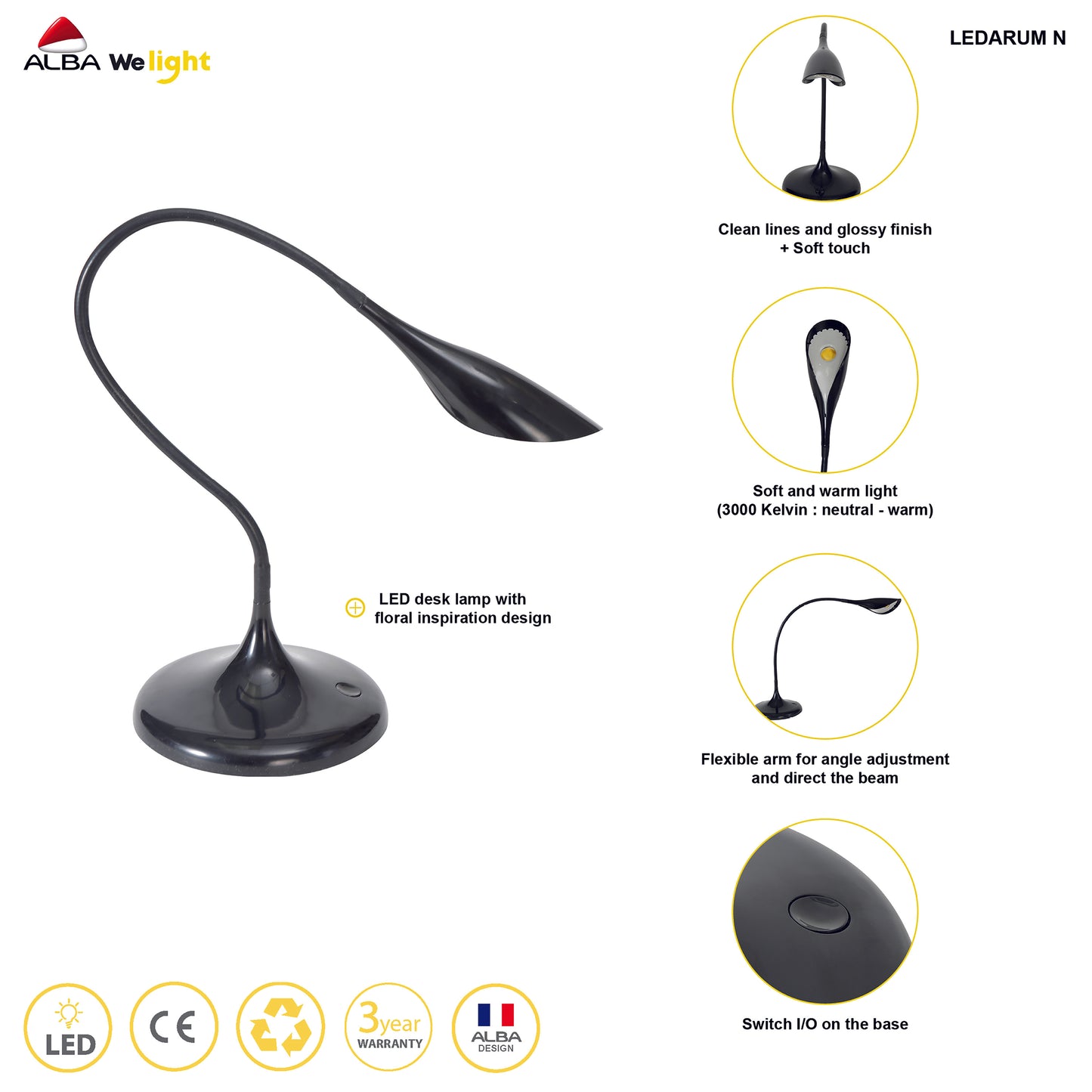 Alba Arum LED Desk Lamp Black LEDARUM N