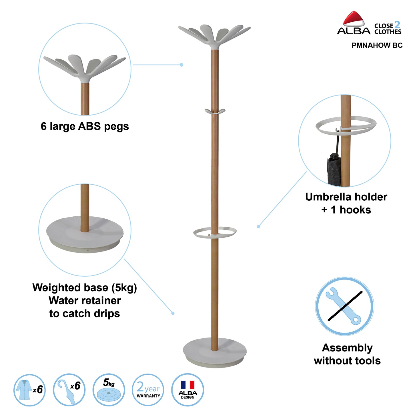 Alba Coat Stand 350x350x1750mm Beech/White ALB90566