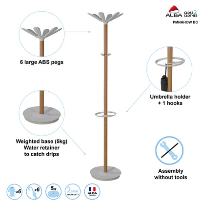 Alba Coat Stand 350x350x1750mm Beech/White ALB90566