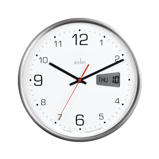 Acctim Kalendar Wall Clock with Digital Date 270mm Diameter Silver Frame 22367