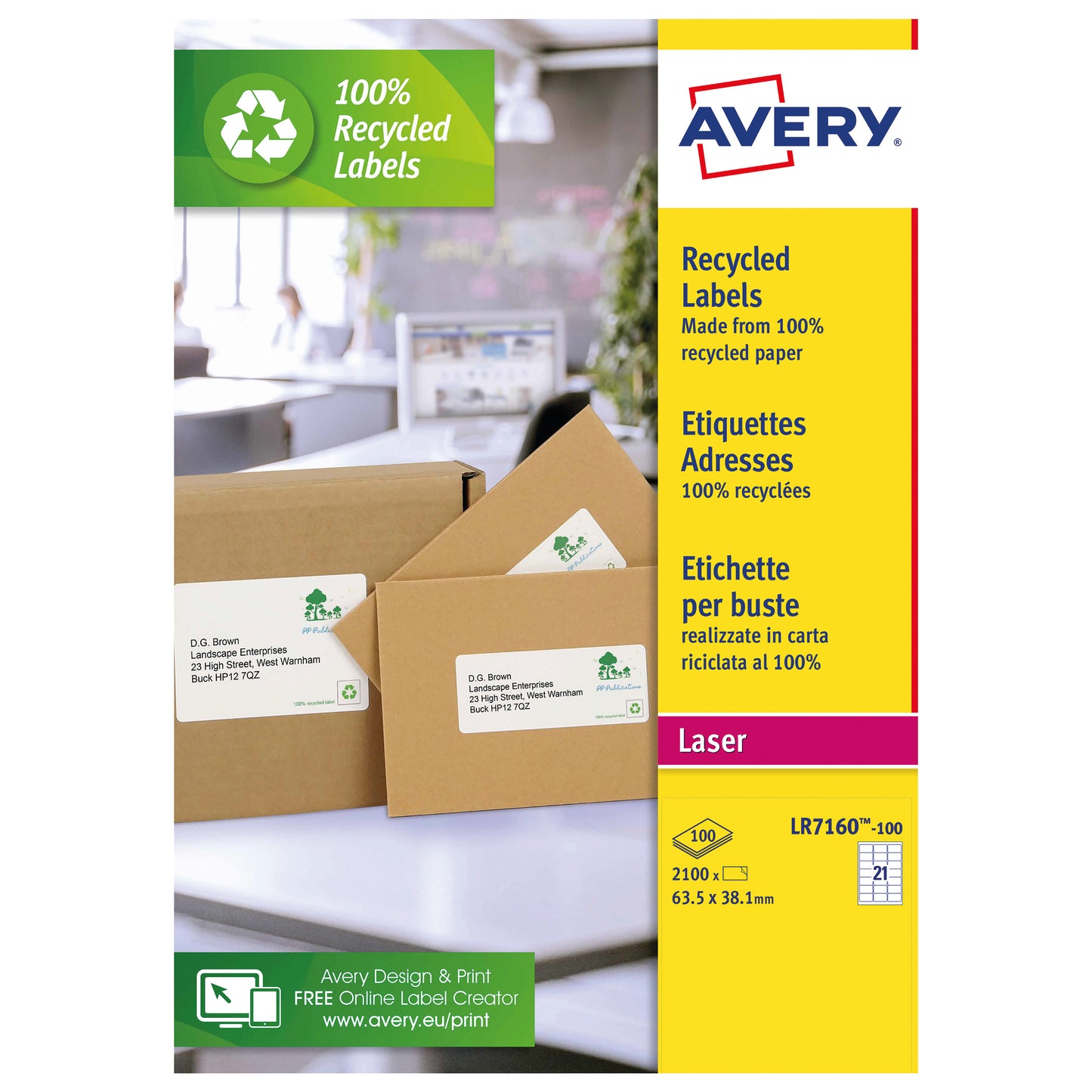 Avery Laser Label Recycled 21 Per Sheet Wht (Pack of 2100) LR7160-100
