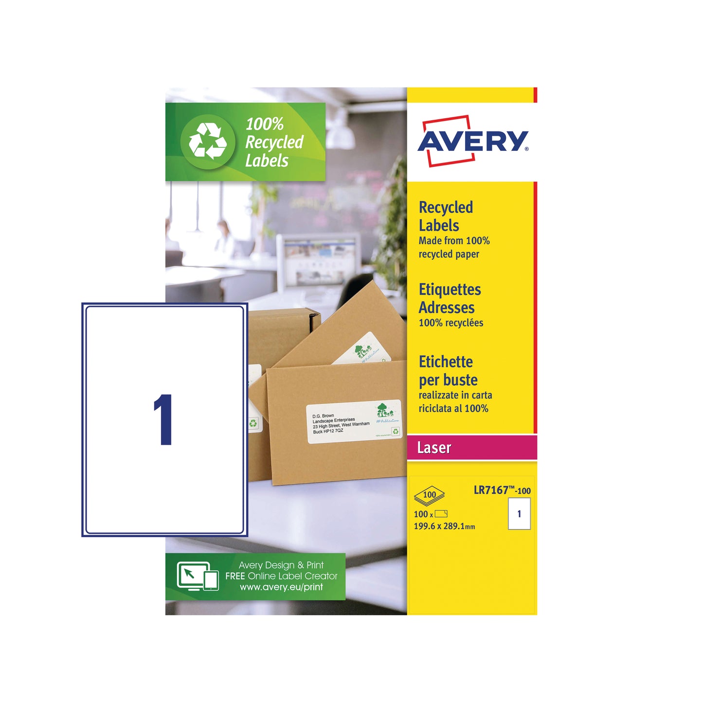 Avery Laser Labels Recycled 1 Per Sheet White (Pack of 100) LR7167-100