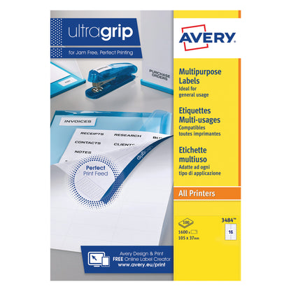 Avery Ultragrip Labels 105x37mm 16 Per Sheet Wht (Pack of 1600) DPS16-100