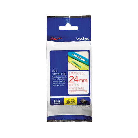 Brother P-Touch TZe Laminated Tape Cassette 24mm x 8m Red on White Tape TZE252