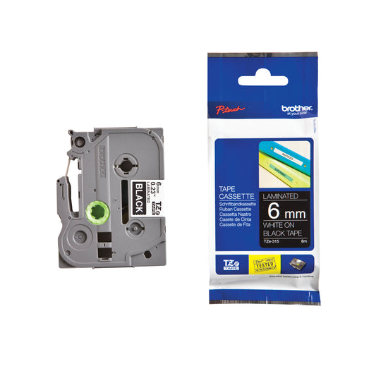 Brother P-Touch TZe Laminated Tape Cassette 6mm x 8m White on Black Tape TZE315