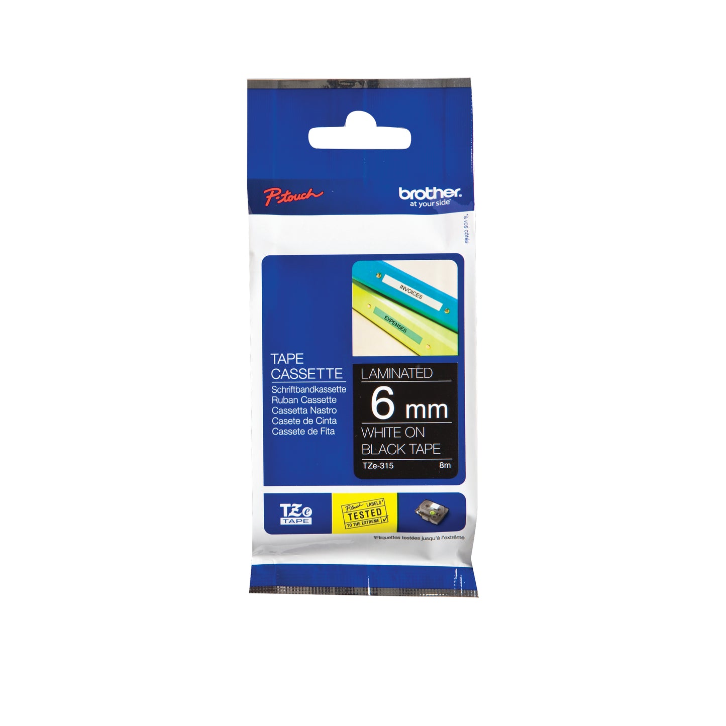 Brother P-Touch TZe Laminated Tape Cassette 6mm x 8m White on Black Tape TZE315
