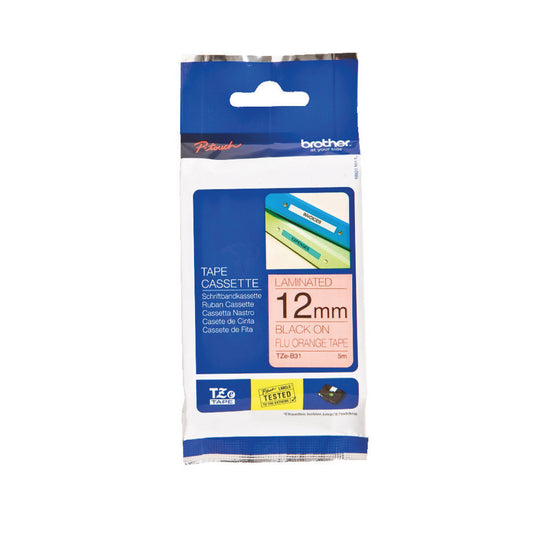Brother P-Touch TZe Laminated Tape Cassette 12mm x 8m Black on Fluroscent Orange Tape TZEB31