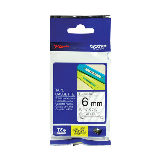 Brother P-Touch TZe Laminated Tape Cassette 6mm x 8m Black on Clear Tape TZE111