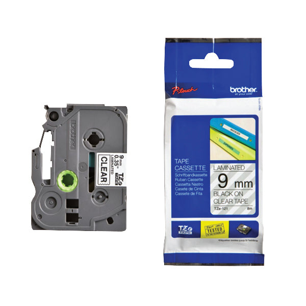 Brother P-Touch TZe Laminated Tape Cassette 9mm x 8m Black on Clear Tape TZE121