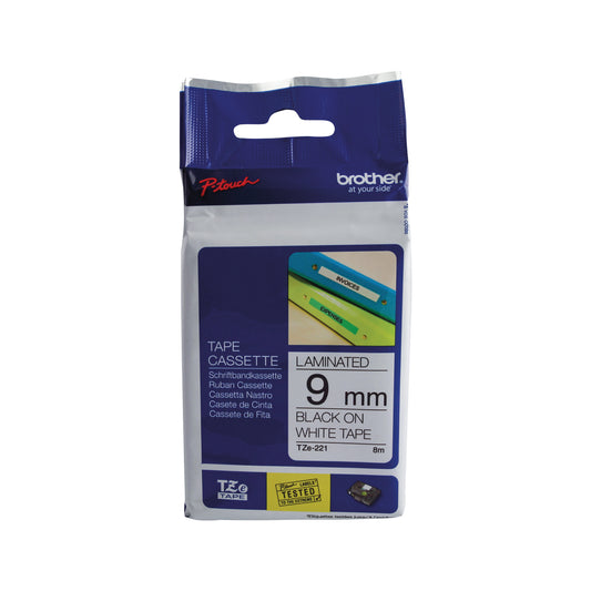 Brother P-Touch TZe Laminated Tape Cassette 9mm x 8m Black on White Tape TZE221