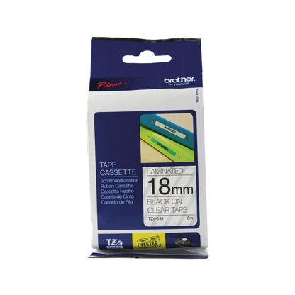 Brother P-Touch TZe Laminated Tape Cassette 18mm x 8m Black on Clear Tape TZE141