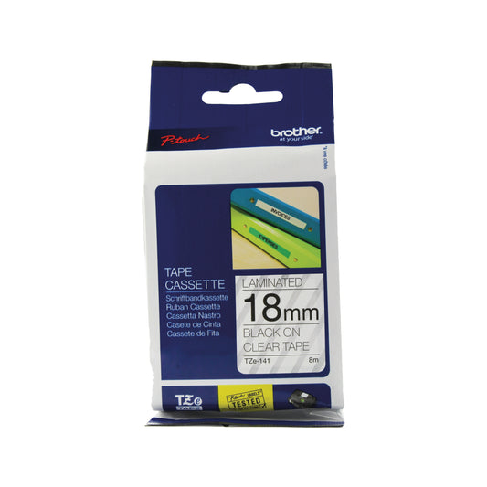 Brother P-Touch TZe Laminated Tape Cassette 18mm x 8m Black on Clear Tape TZE141