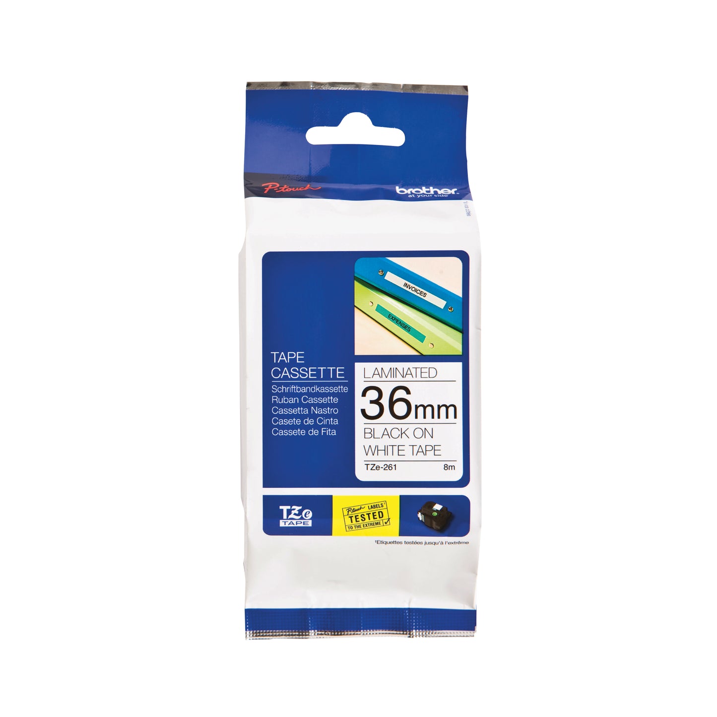Brother P-Touch TZe Laminated Tape Cassette 36mm x 8m Black on White Tape TZE261