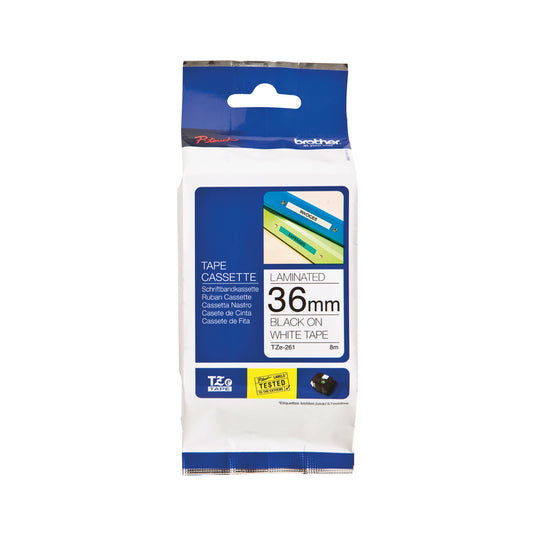 Brother P-Touch TZe Laminated Tape Cassette 36mm x 8m Black on White Tape TZE261