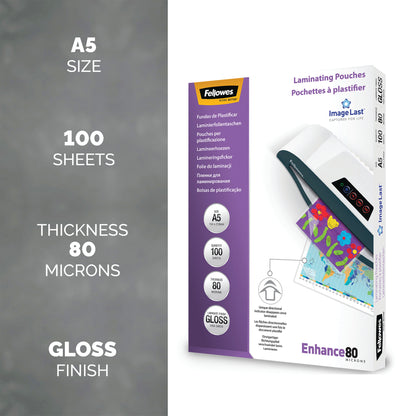 Fellowes ImageLast A5 Laminating Pouch 80 Micron Clear Gloss (Pack of 100) 5306002