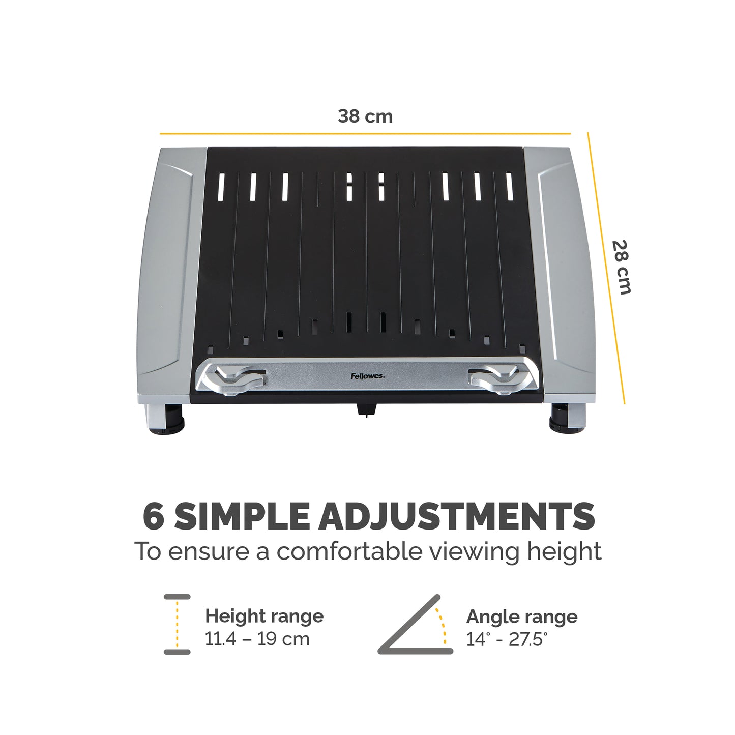 Fellowes Laptop Stand for Desk - Office Suites Plus Adjustable Laptop Stand for the Home and Office - Laptop Riser with 5 Height Adjustments - Max Monitor Size 17", Max Weight 5KG - Black/Silver