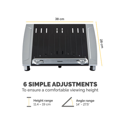 Fellowes Laptop Stand for Desk - Office Suites Plus Adjustable Laptop Stand for the Home and Office - Laptop Riser with 5 Height Adjustments - Max Monitor Size 17", Max Weight 5KG - Black/Silver