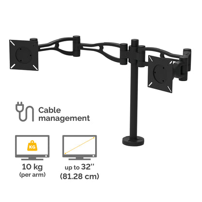 Fellowes Vista Dual Monitor Arm - Monitor Mount for 10KG 26 inch Screens - Ergonomic Adjustable Monitor Arm Desk Mount - Pan 180° Rotation 360°, VESA 75 x 75/100 x 100 - Black