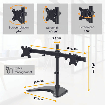 Fellowes Seasa Dual Monitor Arm - Freestanding Monitor Mount for 8KG 27 inch Screens - Ergonomic Adjustable Monitor Arm - Tilt 45° Pan 120° Rotation 360°, VESA 75 x 75/100 x 100 - Black