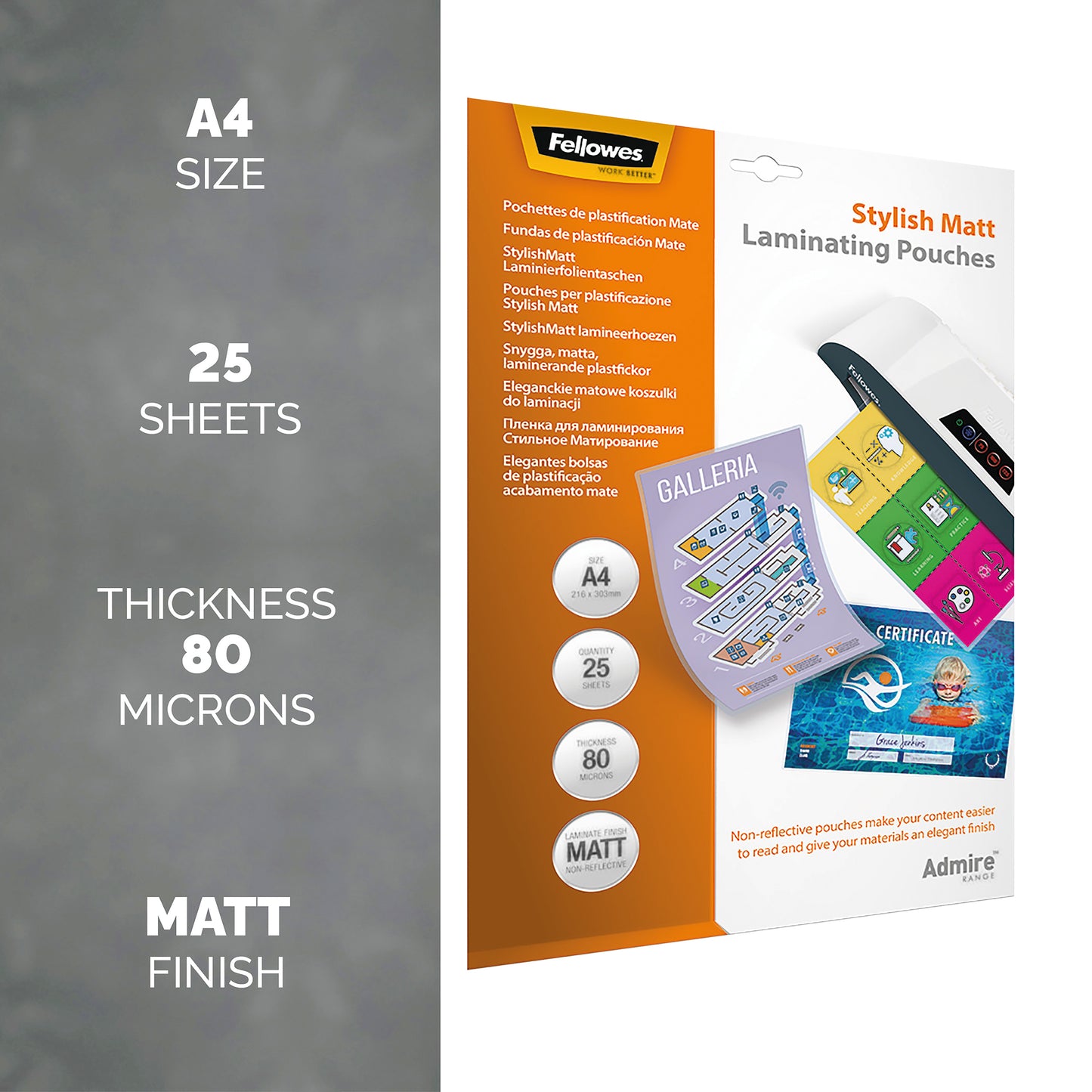 Fellowes Admire A4 Laminating Pouches Matte (Pack of 25) 5602101