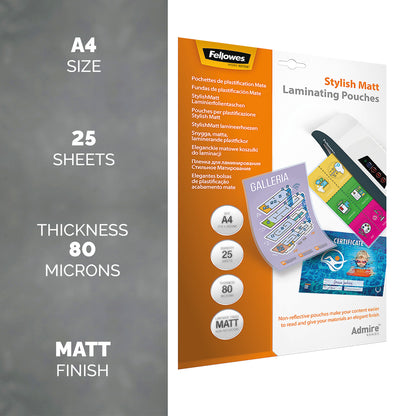 Fellowes Admire A4 Laminating Pouches Matte (Pack of 25) 5602101