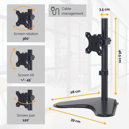 Fellowes Seasa Single Monitor Arm - Freestanding Monitor Mount for 8KG 32 inch Screens - Ergonomic Adjustable Monitor Arm - Tilt 45° Pan 120° Rotation 360°, VESA 75 x 75/100 x 100 - Black