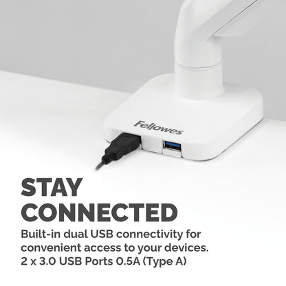 Fellowes Platinum Series Monitor Arm - Monitor Mount for 8KG 40 Inch Screens - Adjustable Monitor Desk Mount - Tilt 45° Pan 180° Swivel 360° Rotation 360°, VESA 75 x 75/100 x 100 - White