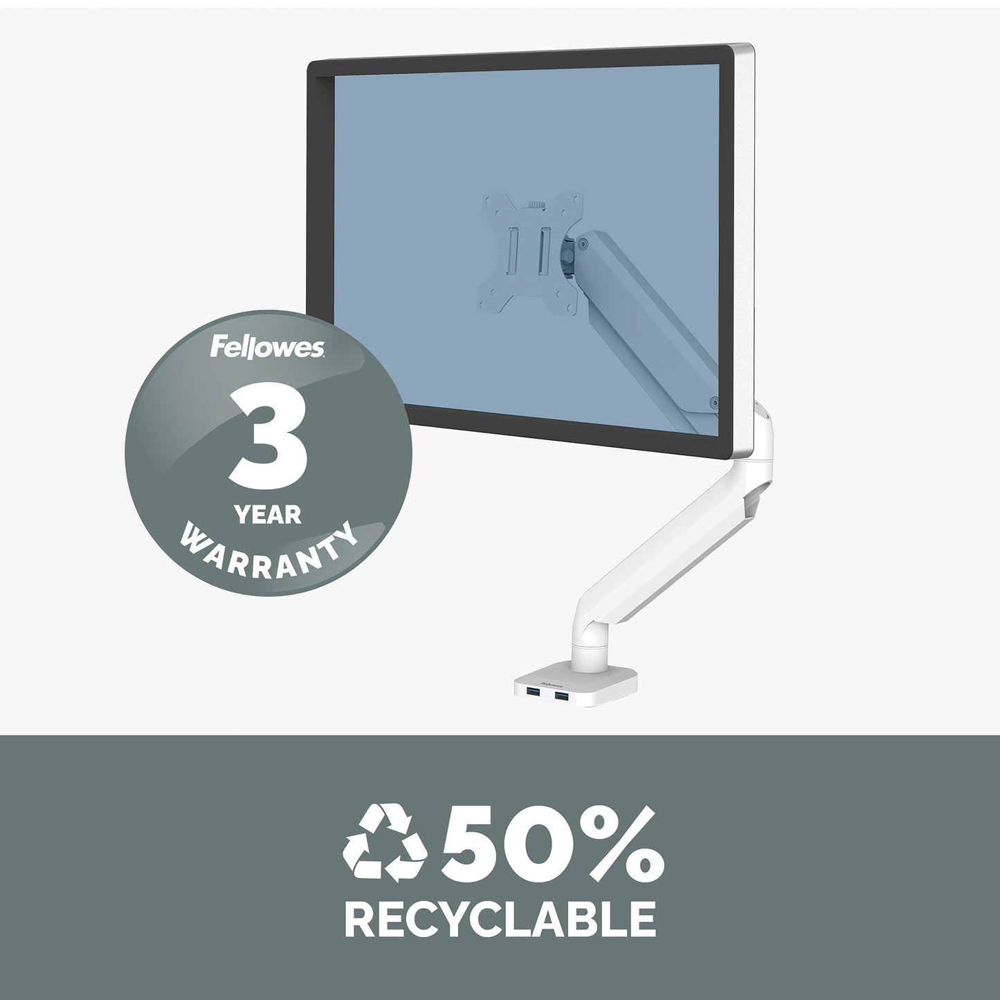 Fellowes Platinum Series Monitor Arm - Monitor Mount for 8KG 40 Inch Screens - Adjustable Monitor Desk Mount - Tilt 45° Pan 180° Swivel 360° Rotation 360°, VESA 75 x 75/100 x 100 - White