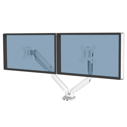 Fellowes Platinum Series Dual Monitor Arm - Monitor Mount for Two 8KG 40 Inch Screens - Adjustable Dual Monitor Desk Mount - Tilt 45° Pan 180° Swivel 360° Rotation 360°, VESA 75 x 75/100 x 100 - White