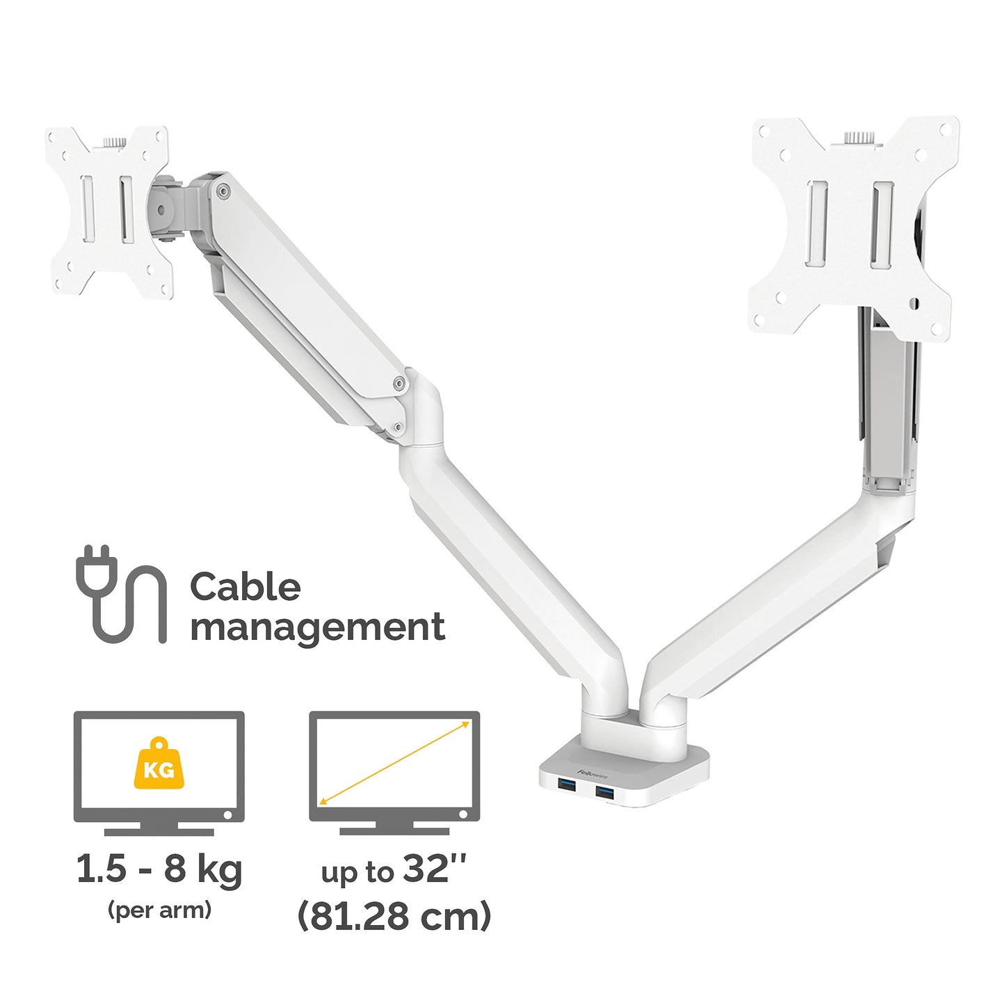 Fellowes Platinum Series Dual Monitor Arm - Monitor Mount for Two 8KG 40 Inch Screens - Adjustable Dual Monitor Desk Mount - Tilt 45° Pan 180° Swivel 360° Rotation 360°, VESA 75 x 75/100 x 100 - White