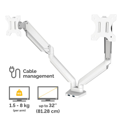 Fellowes Platinum Series Dual Monitor Arm - Monitor Mount for Two 8KG 40 Inch Screens - Adjustable Dual Monitor Desk Mount - Tilt 45° Pan 180° Swivel 360° Rotation 360°, VESA 75 x 75/100 x 100 - White