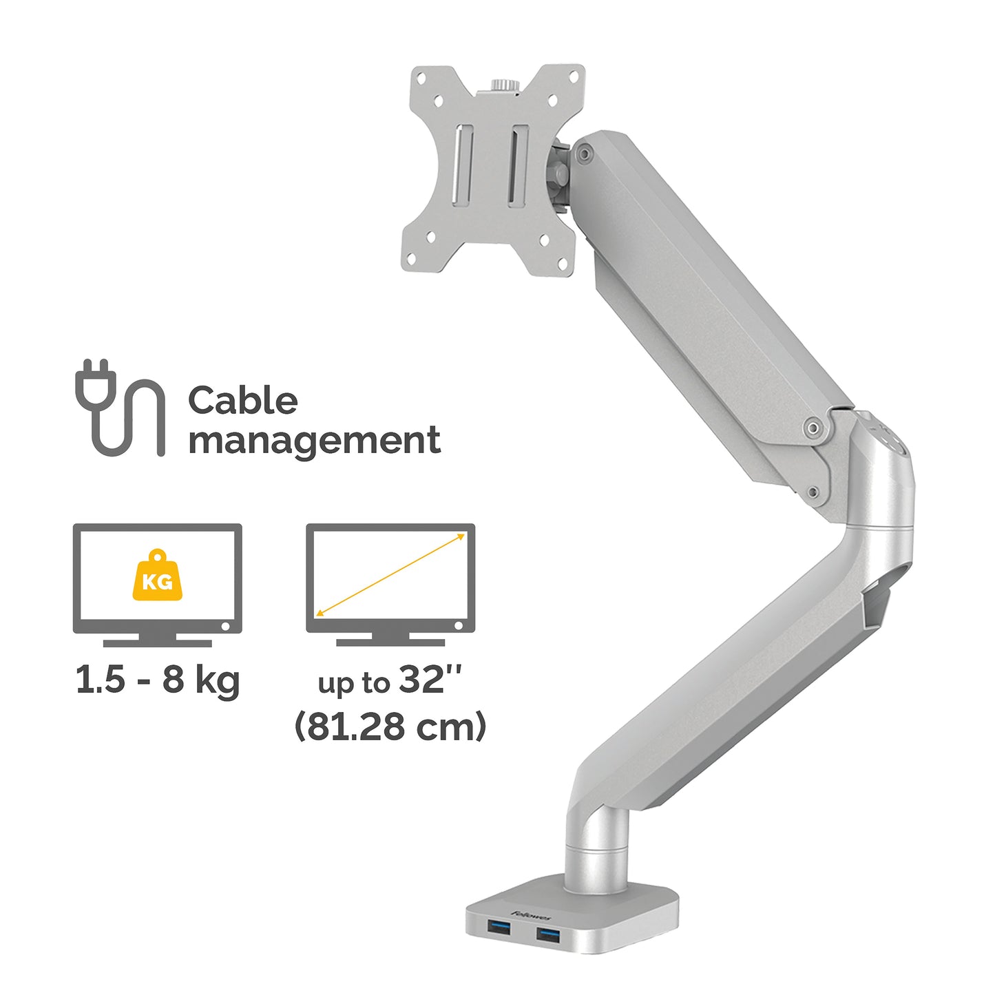 Fellowes Platinum Series Monitor Arm - Monitor Mount for 8KG 40 Inch Screens - Adjustable Monitor Desk Mount - Tilt 45° Pan 180° Swivel 360° Rotation 360°, VESA 75 x 75/100 x 100 - Silver