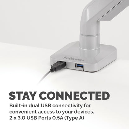 Fellowes Platinum Series Monitor Arm - Monitor Mount for 8KG 40 Inch Screens - Adjustable Monitor Desk Mount - Tilt 45° Pan 180° Swivel 360° Rotation 360°, VESA 75 x 75/100 x 100 - Silver