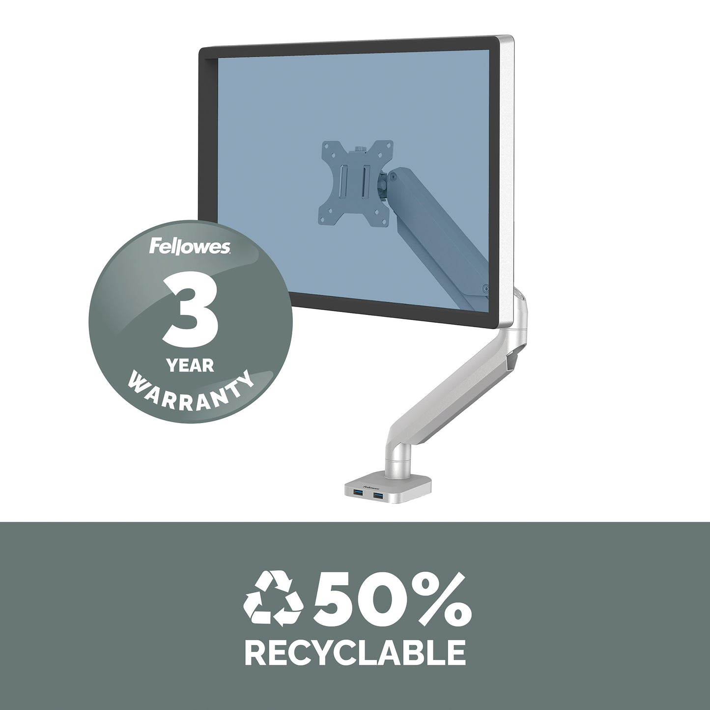 Fellowes Platinum Series Monitor Arm - Monitor Mount for 8KG 40 Inch Screens - Adjustable Monitor Desk Mount - Tilt 45° Pan 180° Swivel 360° Rotation 360°, VESA 75 x 75/100 x 100 - Silver