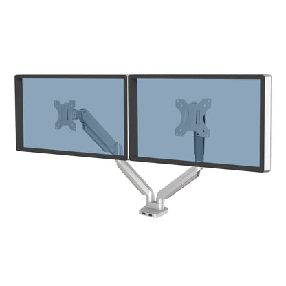Fellowes Platinum Series Dual Monitor Arm - Monitor Mount for Two 8KG 40 Inch Screens - Adjustable Dual Monitor Desk Mount - Tilt 45° Pan 180ᵒ Swivel 360ᵒ Rotation 360ᵒ, VESA 75 x 75/100 x 100 - Silver