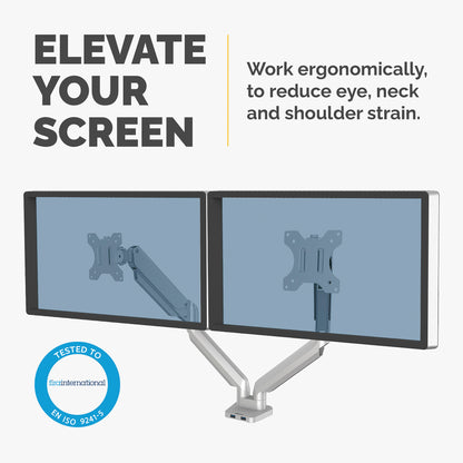 Fellowes Platinum Series Dual Monitor Arm - Monitor Mount for Two 8KG 40 Inch Screens - Adjustable Dual Monitor Desk Mount - Tilt 45° Pan 180ᵒ Swivel 360ᵒ Rotation 360ᵒ, VESA 75 x 75/100 x 100 - Silver
