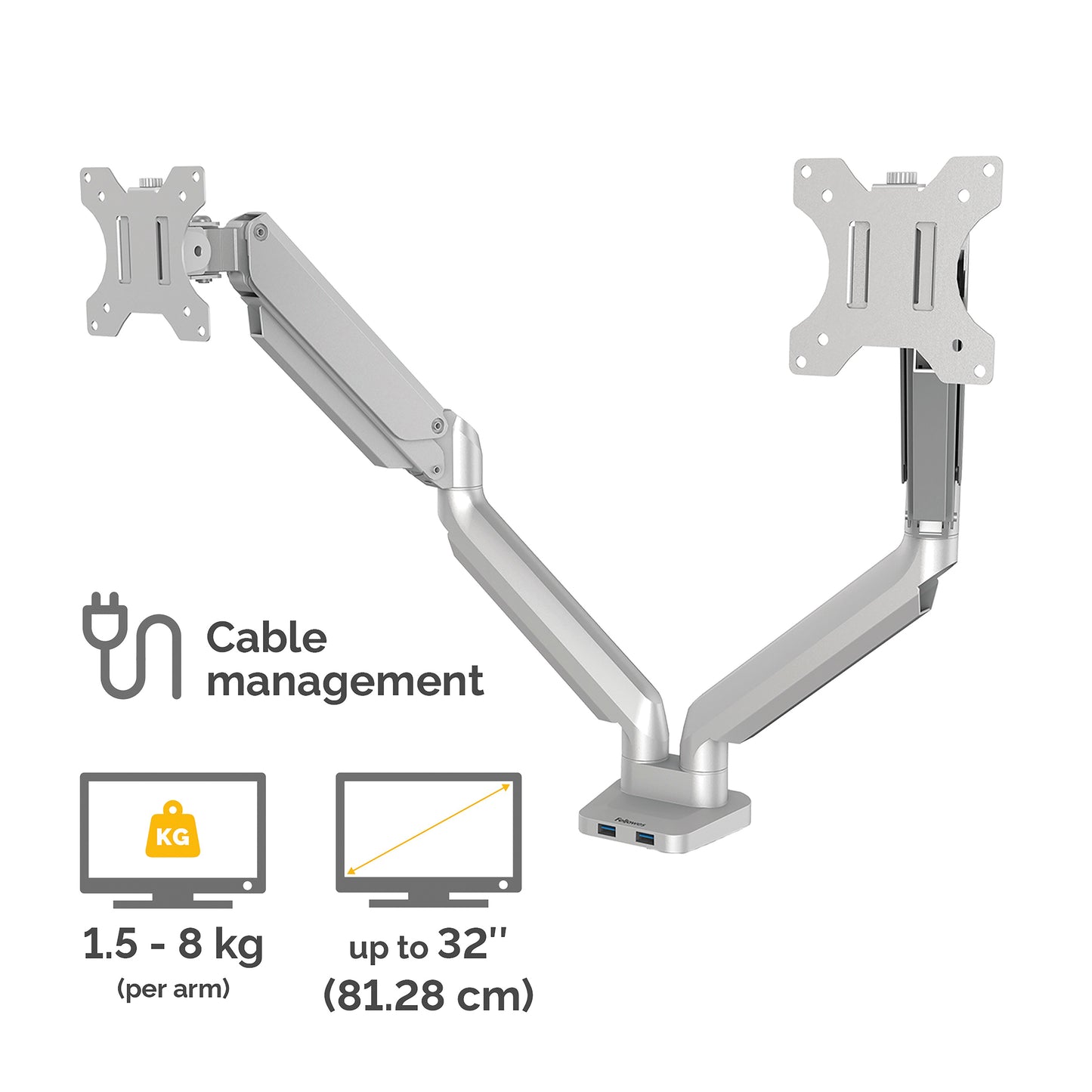 Fellowes Platinum Series Dual Monitor Arm - Monitor Mount for Two 8KG 40 Inch Screens - Adjustable Dual Monitor Desk Mount - Tilt 45° Pan 180ᵒ Swivel 360ᵒ Rotation 360ᵒ, VESA 75 x 75/100 x 100 - Silver
