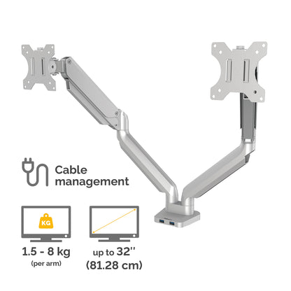 Fellowes Platinum Series Dual Monitor Arm - Monitor Mount for Two 8KG 40 Inch Screens - Adjustable Dual Monitor Desk Mount - Tilt 45° Pan 180ᵒ Swivel 360ᵒ Rotation 360ᵒ, VESA 75 x 75/100 x 100 - Silver